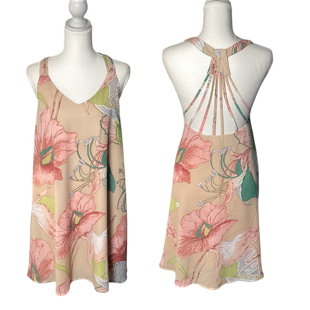 Entro Floral Tank Dress Women Size Medium Strappy Cage Back Boho Summer Mini